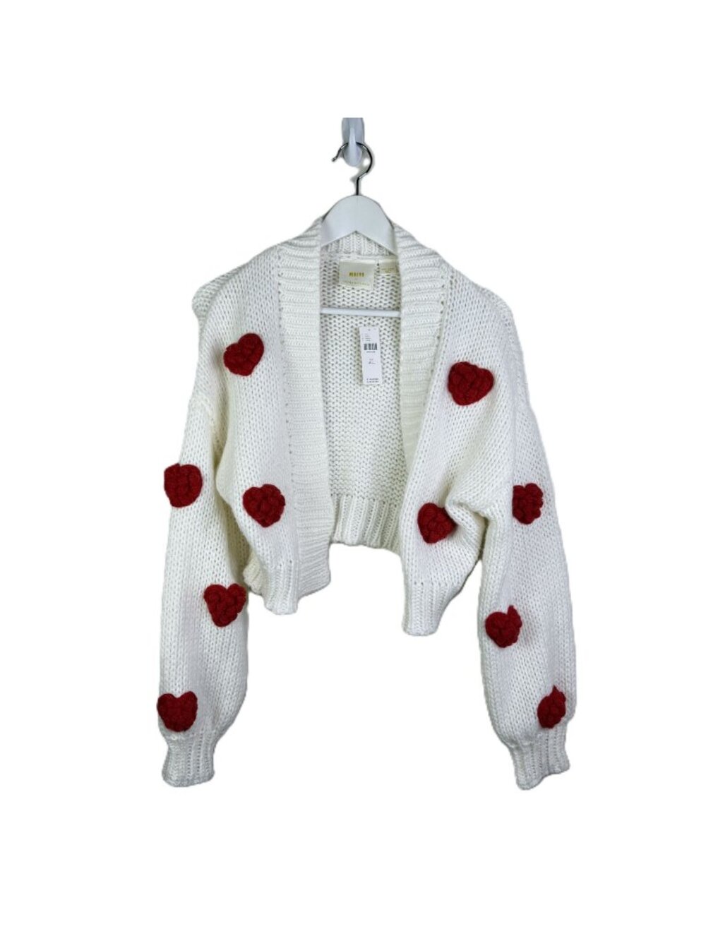 NWT Anthro Maeve Chunky Knit Cropped Cardigan 3-D Red Hearts, One Size MSRP $120